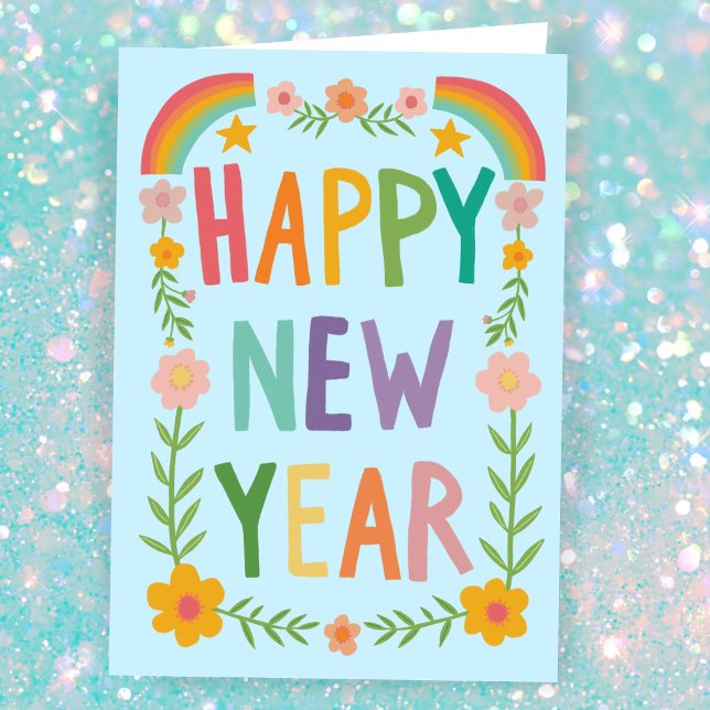 Cheerful Whimsical HAPPY NEW YEAR Handlettering Card (Cheerful Whimsical  Rainbows HAPPY NEW YEAR Handlettering Card
)