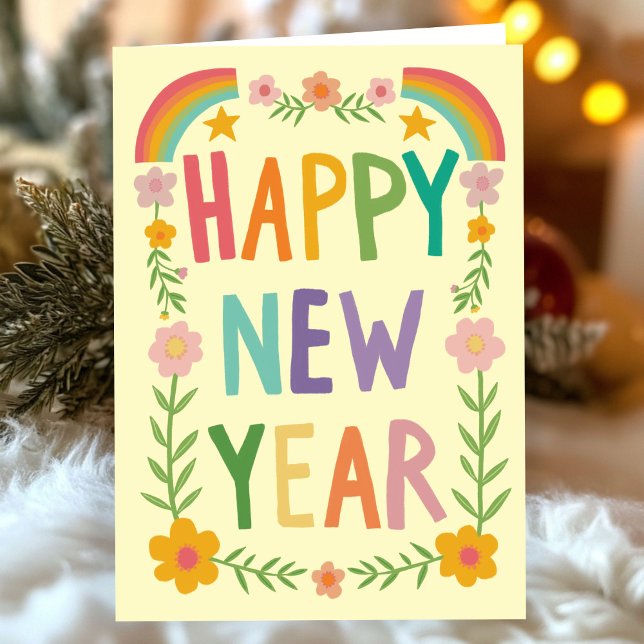 Cheerful Whimsical HAPPY NEW YEAR Handlettering Card (Cheerful Whimsical Rainbow HAPPY NEW YEAR Handlettering Card
)
