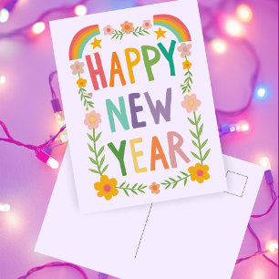 Cheerful Whimsical HAPPY NEW YEAR Handlettering Postcard