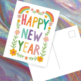 Cheerful Whimsical HAPPY NEW YEAR Handlettering Postcard