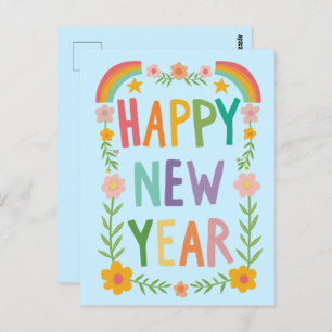 Cheerful Whimsical HAPPY NEW YEAR Handlettering Postcard