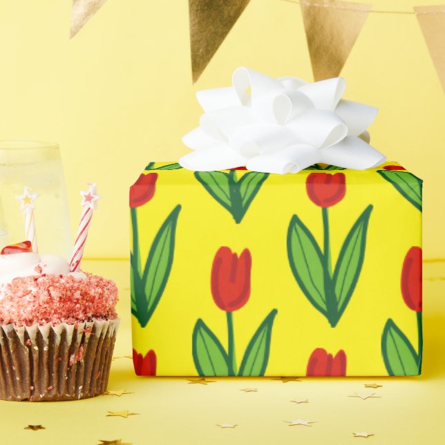Cheerful whimsical red tulip flower custom yellow  wrapping paper (Birthday Party)