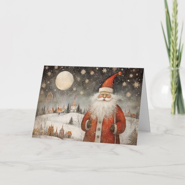 Cheerful Whimsical Santa Claus in a Snowy Village Card (Front)