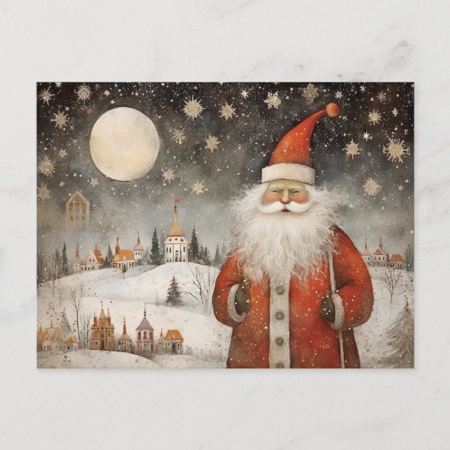 Cheerful Whimsical Santa Claus in a Snowy Village Postcard (Front)