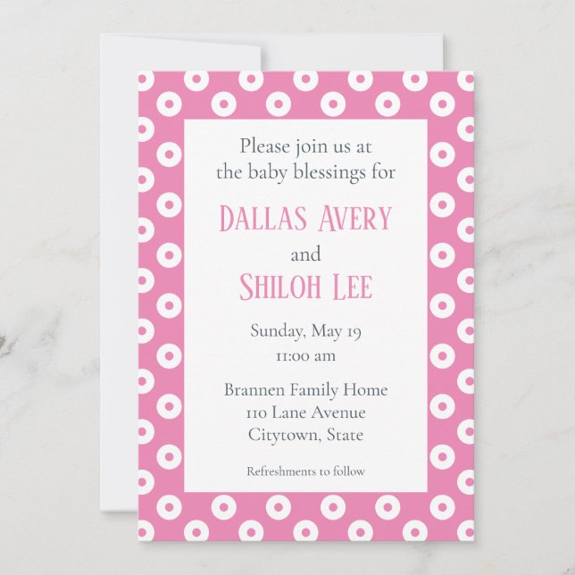 Cheerful Whimsy Pink Polka-Dot Twin Baby Blessing Invitation (Front)