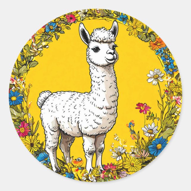 Cheerful white llama classic round sticker (Front)