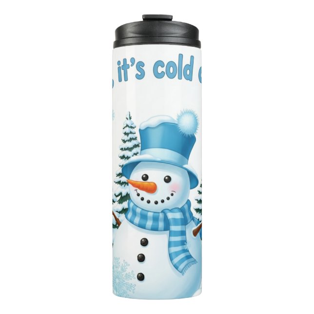 Cheerful Winter Snowman with Pine Trees Thermal Tumbler (Front)