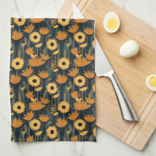 Cheerful Yellow and Orange Retro Looking Flowers Tea Towel