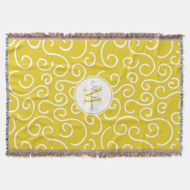 Cheerful Yellow and White Pattern with Monogram Throw Blanket (Front)
