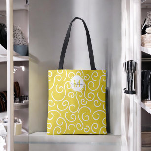 Cheerful Yellow and White Pattern with Monogram Tote Bag