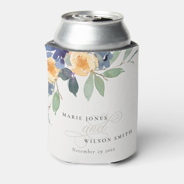 Cheerful Yellow Blue Floral Watercolor Wedding Can Cooler (Can Back)