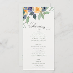 Cheerful Yellow Blue Floral Wedding Menu Card
