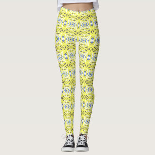 Cheerful Yellow Blue Grey Geometric Pattern Gym Leggings