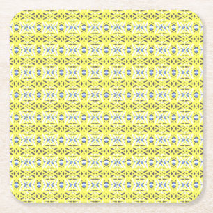 Cheerful Yellow Blue Grey Vibrant Geometric Deco Square Paper Coaster
