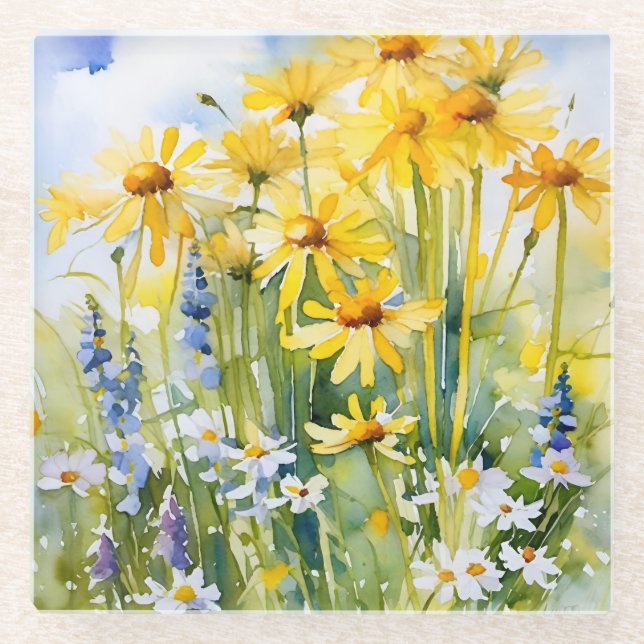 Cheerful Yellow daisies, wildflowers  Glass Coaster (Front)