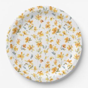 Cheerful Yellow Floral Watercolor Paper Plate