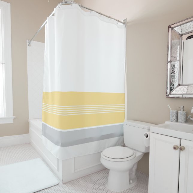 Cheerful Yellow Gray Striped Shower Curtain (In Situ)
