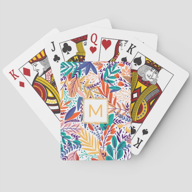 Cheerful Yellow Monogram and Spring Flowers Playing Cards (Back)
