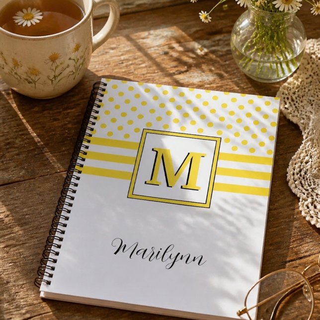 Cheerful Yellow Monogram Name Polka Dot Striped Notebook (Creator Uploaded)