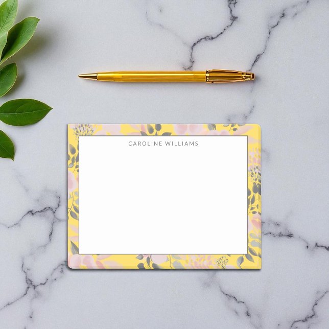 Cheerful Yellow Pink Grey Floral Pattern with Name Post-it Notes (Creator Uploaded)