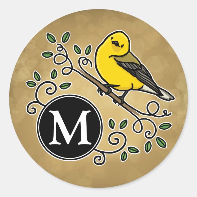 Cheerful Yellow Prothonotary Warbler with Monogram Classic Round Sticker (Front)
