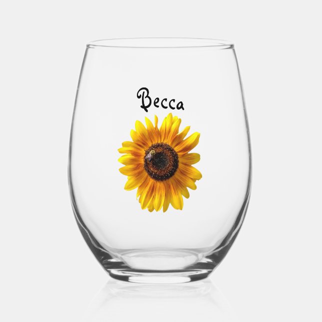 Cheerful Yellow Sunflower with Bee Personalised Stemless Wine Glass (Front)