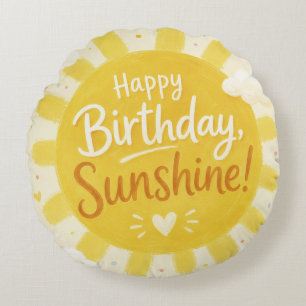 Cheerful Yellow Sunshine Happy Birthday Round Cushion