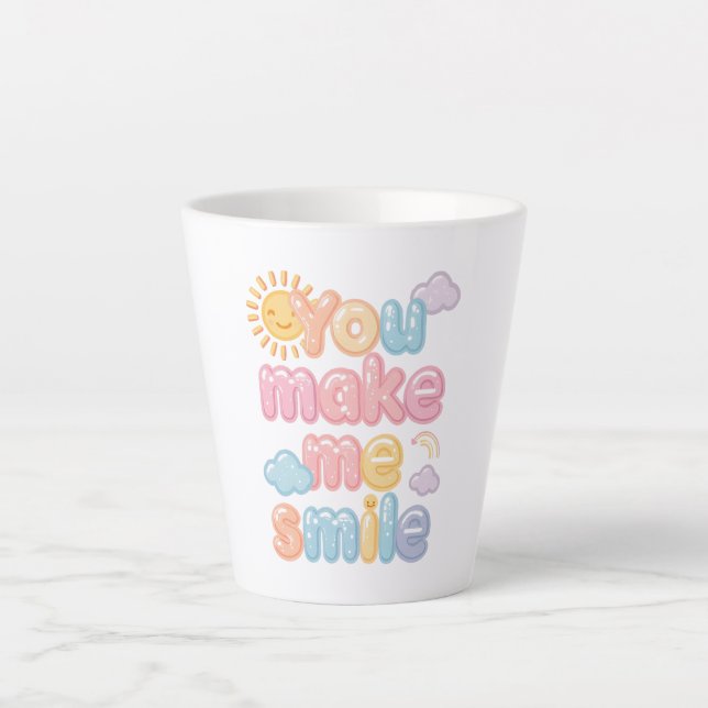 Cheerful "You Make Me Smile" Bubble Font Latte Mug (Front)