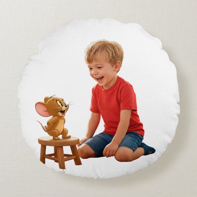 Cheerful Young Boy Interacting with Animated Jerry Round Cushion (Front)