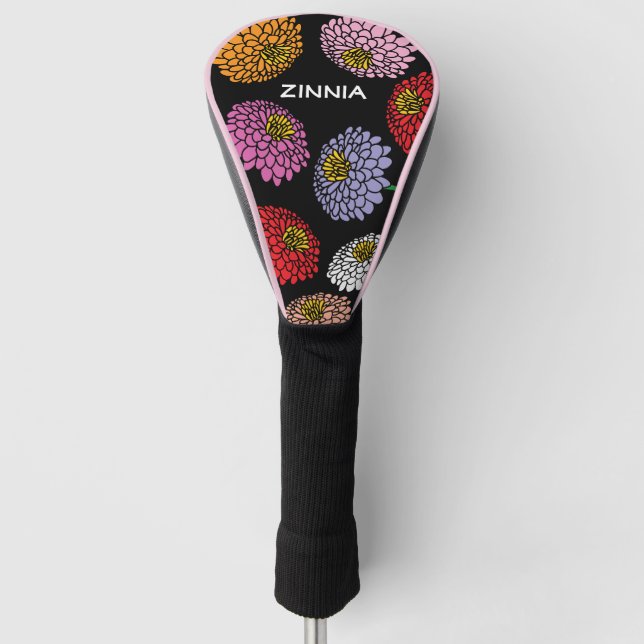 Cheerful Zinnia flower print personalised ladies Golf Head Cover (Front)