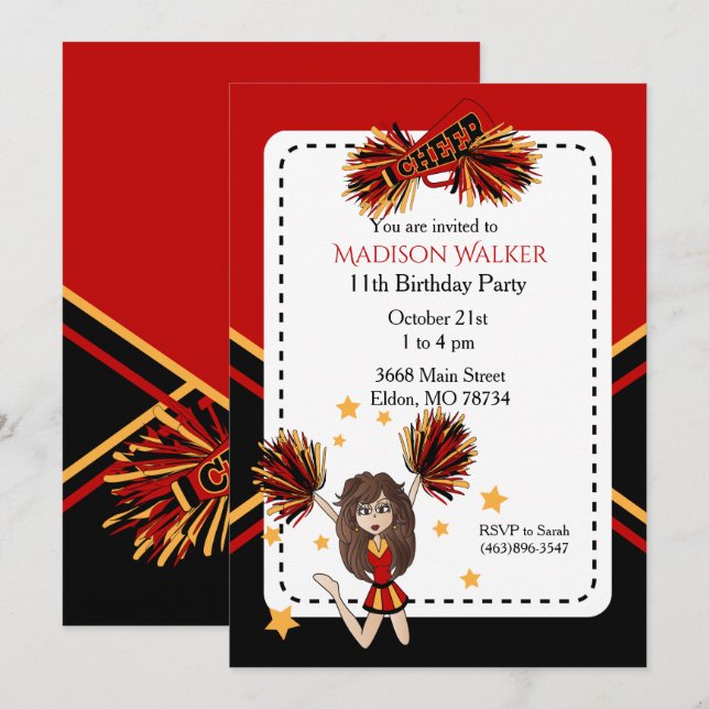Cheerleader Birthday Party in Dark Red & Gold Invitation (Front/Back)