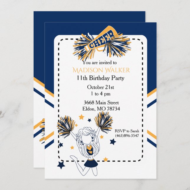 Cheerleader Birthday Party in Navy Blue & Gold Invitation (Front/Back)
