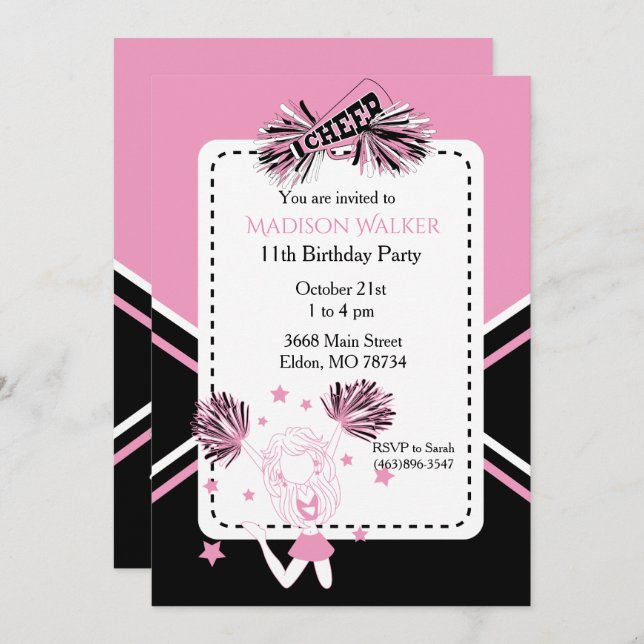 Cheerleader Birthday Party in Pink, Black & White Invitation (Front/Back)