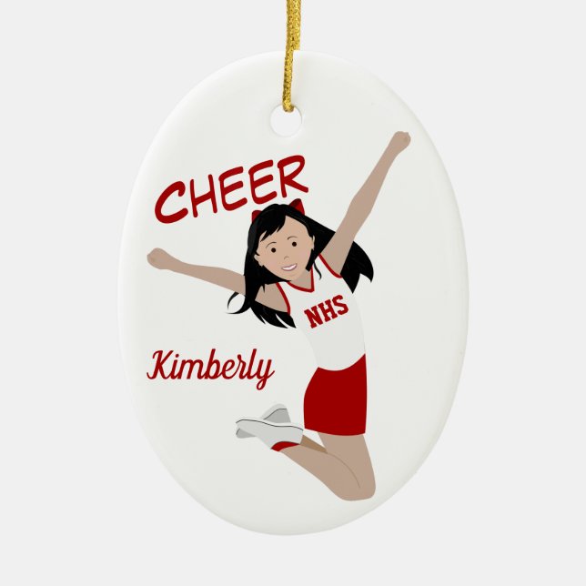 Cheerleader Black Hair Red & White Ceramic Tree Decoration (Front)