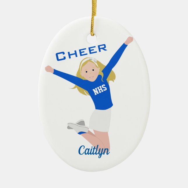 Cheerleader Blonde Blue & White Ceramic Tree Decoration (Front)