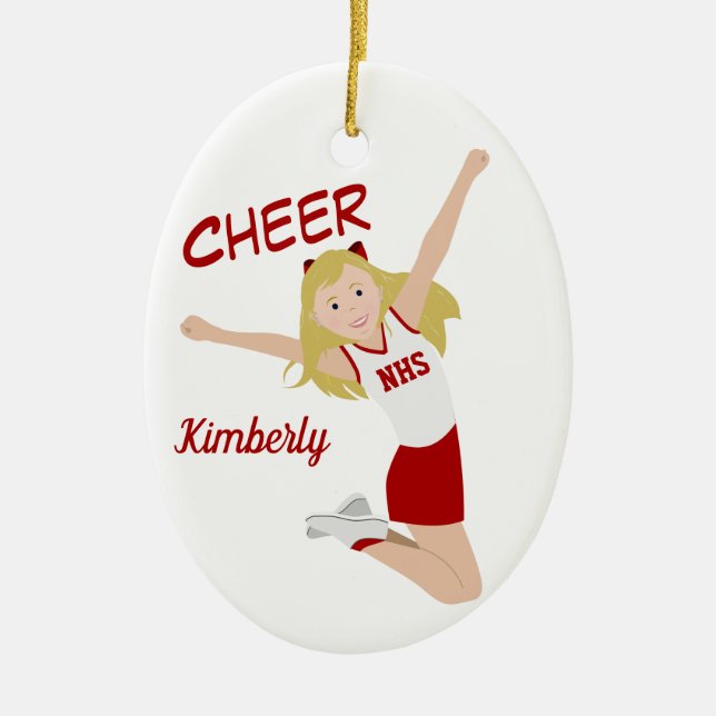 Cheerleader Blonde Red & White Ceramic Tree Decoration (Front)