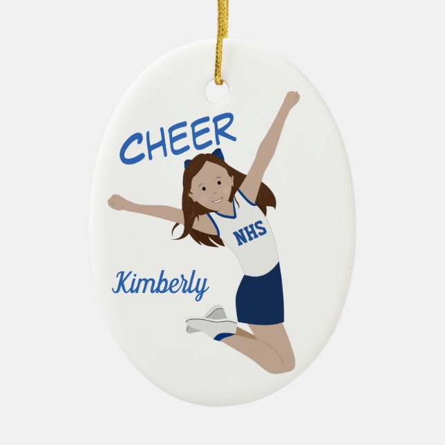 Cheerleader Brunette Dark Blue & White Ceramic Tree Decoration (Front)