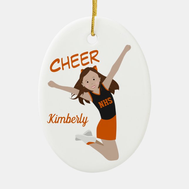 Cheerleader Brunette Orange & Black Ceramic Tree Decoration (Front)