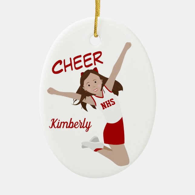 Cheerleader Brunette Red & White Ceramic Tree Decoration (Front)