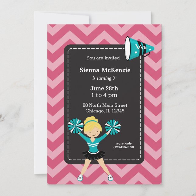Cheerleader, choose your own background colour invitation (Front)