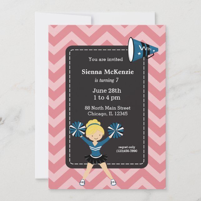 Cheerleader, choose your own background colour invitation (Front)