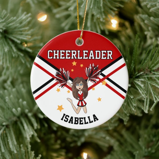 Cheerleader 📣 💖 Girl -  Red, Black & White Ceramic Tree Decoration (Tree)