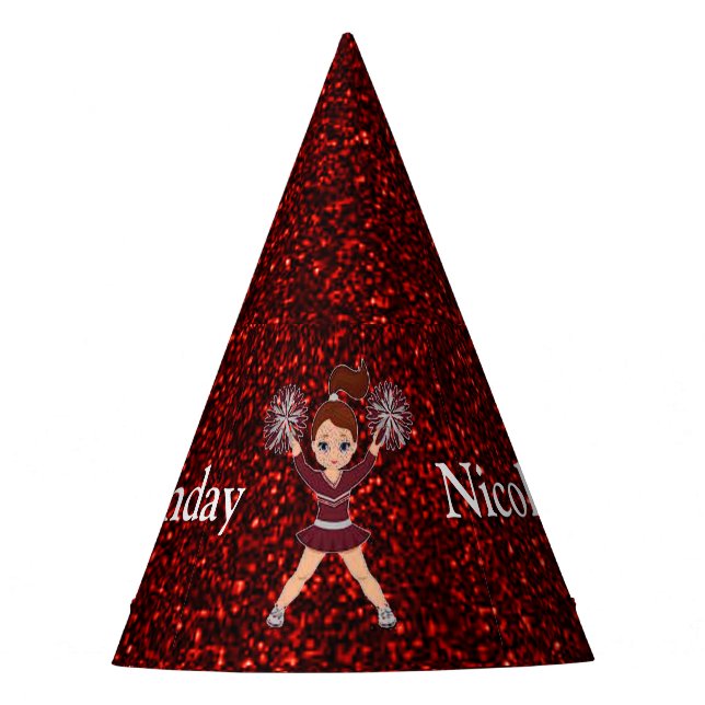 Cheerleader "Happy Birthday" Red Sparkle Party Hat (Front)