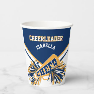 Cheerleader in Gold, White and Blue Paper Cups