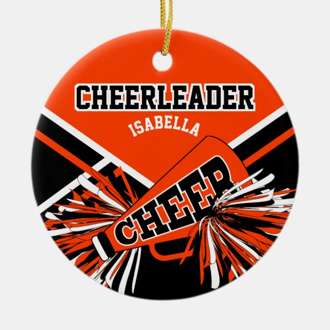 Cheerleader 📣 - Orange, Black and White Ceramic Tree Decoration (Front)