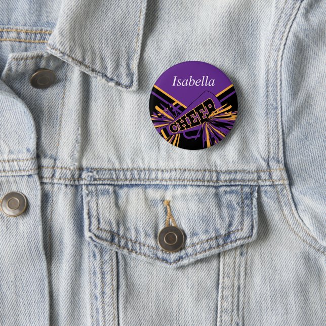 Cheerleader Outfit in Purple, Gold & Black 6 Cm Round Badge (In Situ)