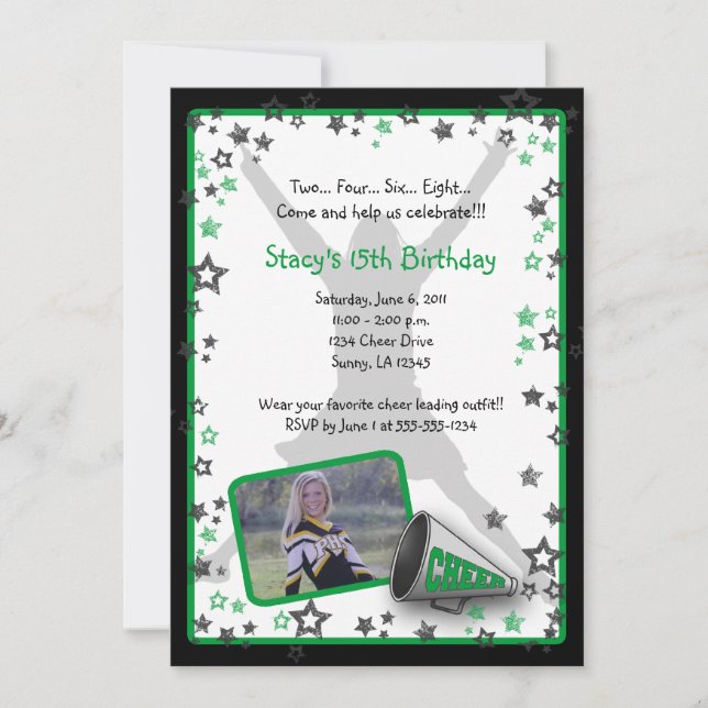 Cheerleader Photo Invitation Green (Front)