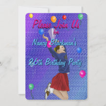 Cheerleader, Purple and Balloons Birthday Invite
