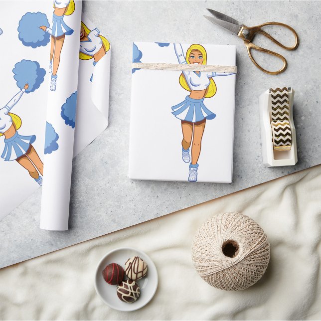 Cheerleader With Blue Pom Poms Wrapping Paper (Creator Uploaded)