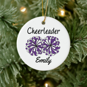 Cheerleader with Purple & White Pom Poms Ceramic Tree Decoration